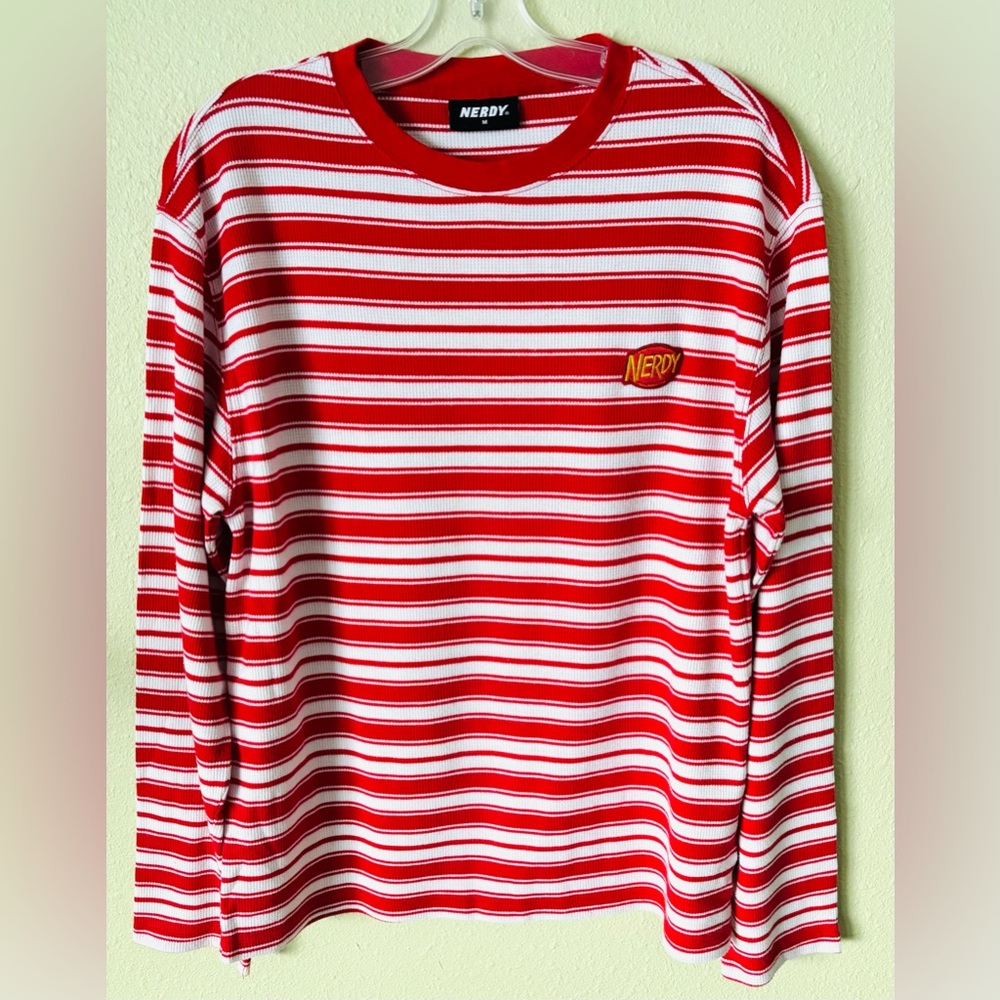 Nerdy Red & White Crew Neck Striped Long Sleeve Thermal Shirt Size: Small